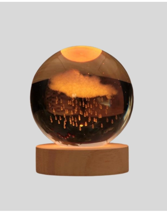 ® 8 cm 3D Yağmur Bulutu Kristal Küre LED Gece Lambası Ahşap Standlı Tasarım Lamba