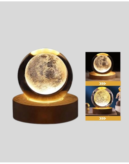 ® 8 cm Ay Desenli Kristal Küre Sıcak LED Işıklı Ahşap Tabanlı Oda Lambası
