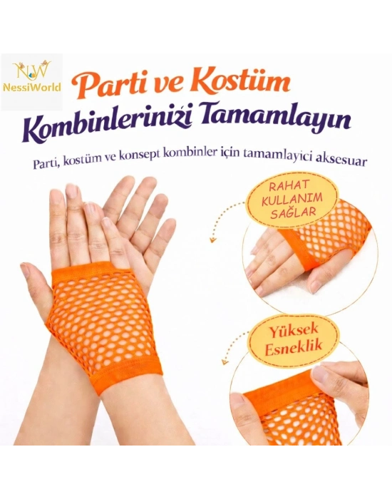 80’ler 90’lar Retro Neon Turuncu File Parmaksız Kısa Eldiven 11 cm