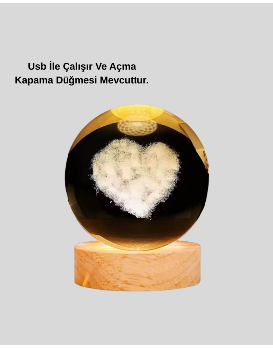 ® Ahşap Standlı Kalp Motifli Işıklı Cam Küre Hediye Seçeneği
