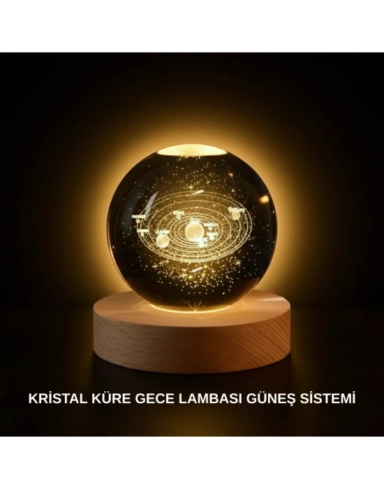 ® Ahşap Standlı LED Kristal Küre Lazer İşlemeli Dekoratif Obje