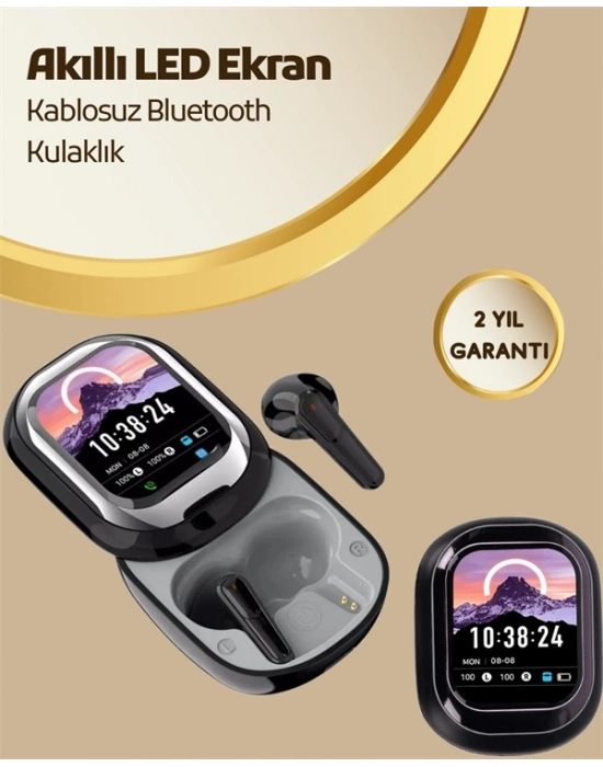 ® Akıllı Ekranlı Bluetooth 5.4 Kablosuz Kulaklık – Dokunmatik ve Şarj Kutulu