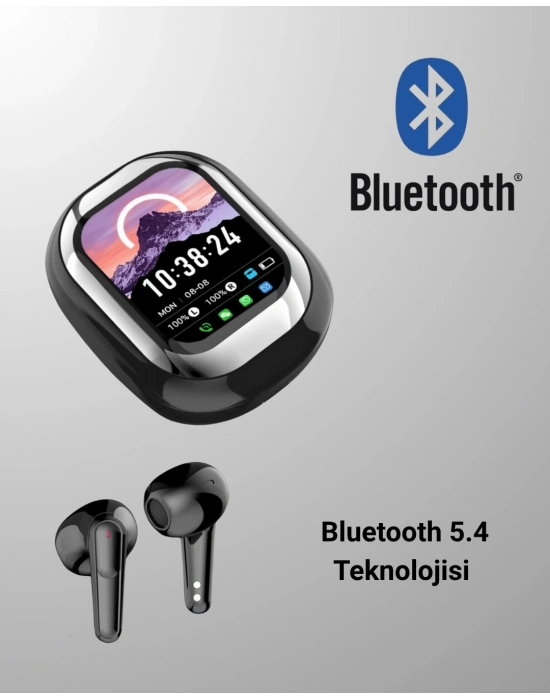 ® Akıllı Ekranlı Bluetooth 5.4 Kablosuz Kulaklık – Dokunmatik ve Şarj Kutulu