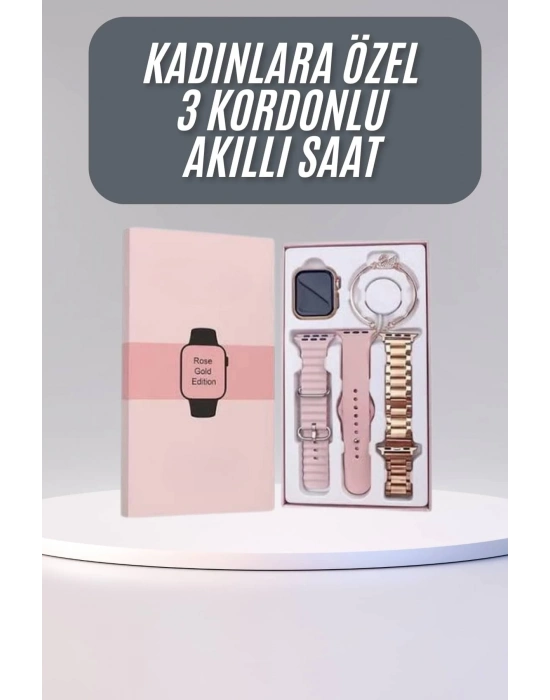 ® Akıllı Saat 3 Kordonlu Ve Aksesuarlı Bayanlar Için Şık Rose renk