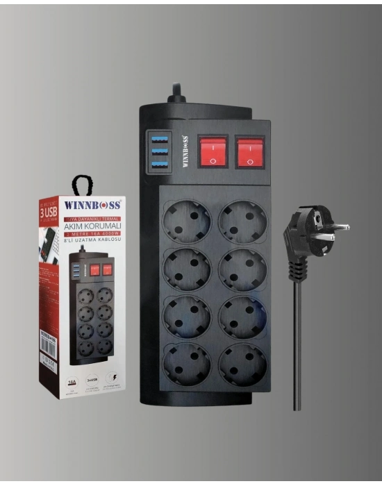 ® Akım Korumalı 8’li Priz 3 USB’li Uzatma Kablosu Isıya Dayanıklı 2 Metre