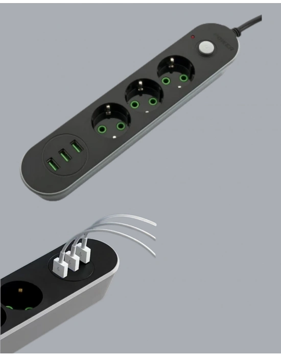 ® Akım Korumalı Anahtarlı USB Girişli Üçlü Priz