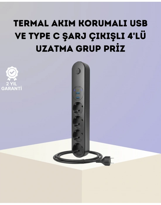 ® Akım Korumalı Çoklu Priz 4’lü 2 USB 1 Type-C 2500W Güçlü Tasarım