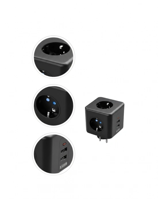 ® Akım Korumalı Küp Priz 3 Priz Girişi ve 3 USB Şarj Özellikli