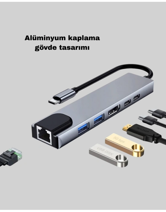 ® Alüminyum Kasalı MacBook USB-C Hub – 4K HDMI, USB 3.0, SD/TF Kart Girişi, PD Şarj Desteği