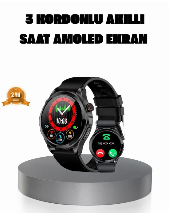 ® AMOLED Ekranlı Smartwatch – 3 Kordonlu, Kalp Atış & Uyku Takipli Akıllı Saat