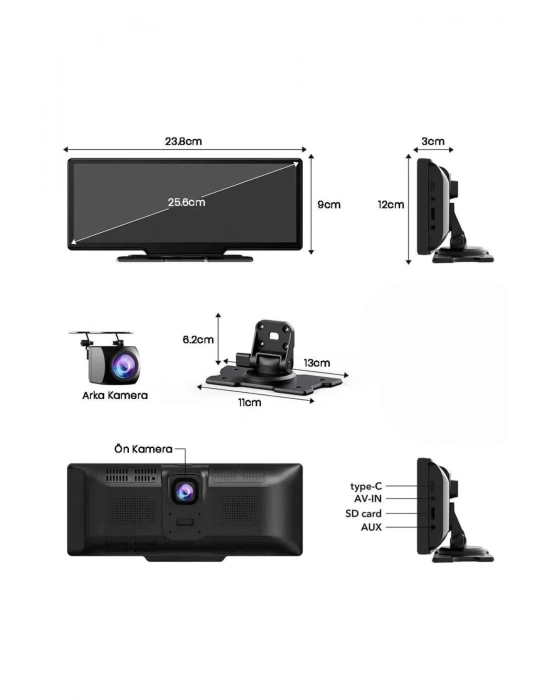 ® Android ve İOS Uyumlu Ön Arka Çift Kameralı Araç Ekranı Dokunmatik CarPlay