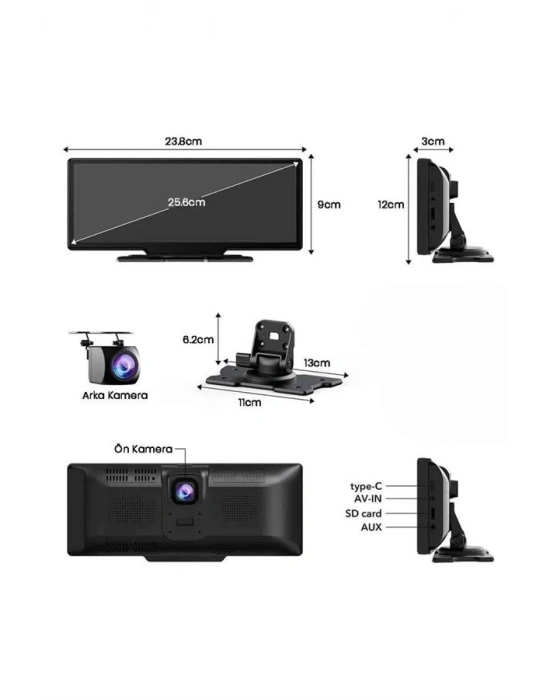 ® Android ve İOS Uyumlu Ön Arka Çift Kameralı Araç Ekranı Dokunmatik CarPlay