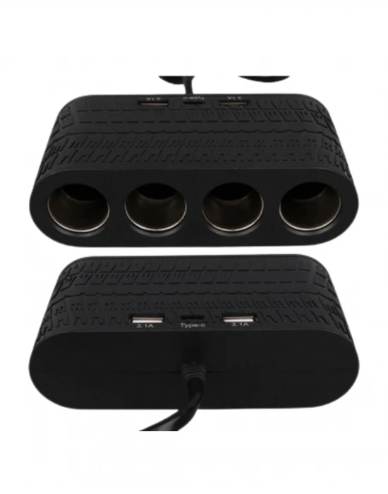 ® Araç Çakmak Çoklayıcı 4 Çıkışlı 2 USB ve Type C Girişli Çok Fonksiyonlu Şarj Ünitesi
