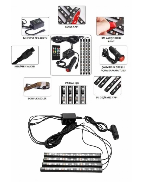 ® Araç İçi Ayak Altı Led 12 Led Işık Sese Müziğe Duyarlı RGB Işıklı Aydınlatma Seti