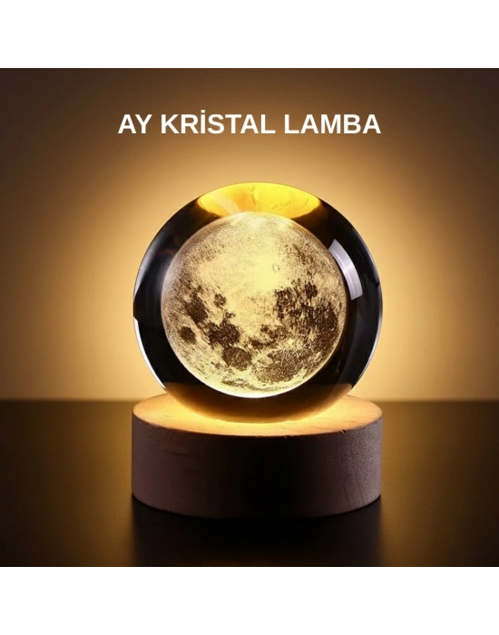 ® Ay Figürlü 3D Kristal Küre LED Gece Lambası Ahşap Standlı Dekoratif Lamba