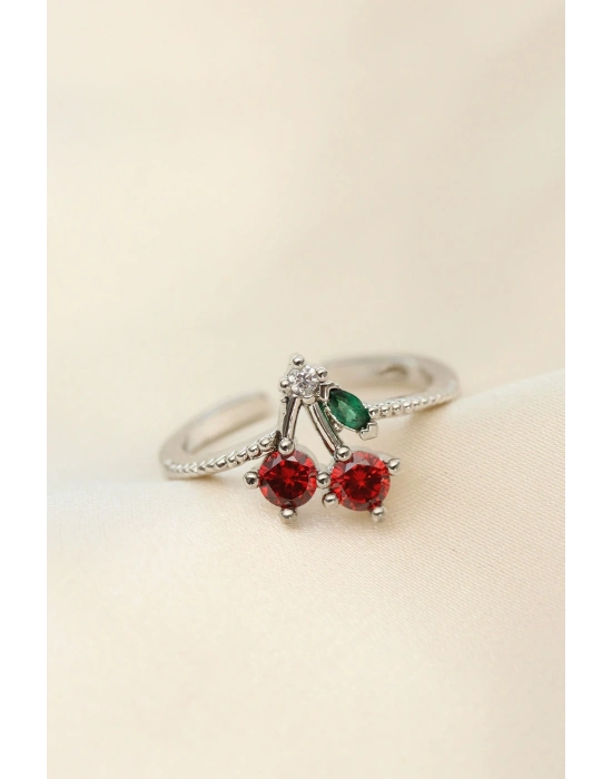 ® Ayarlamalı Gümüş Renk Kristal Taşlı Kiraz Yüzük