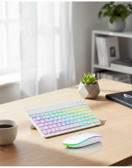 ® Aydınlatmalı Kablosuz Klavye Mouse Seti Bluetooth Bağlantılı Çoklu Cihaz Uyumlu