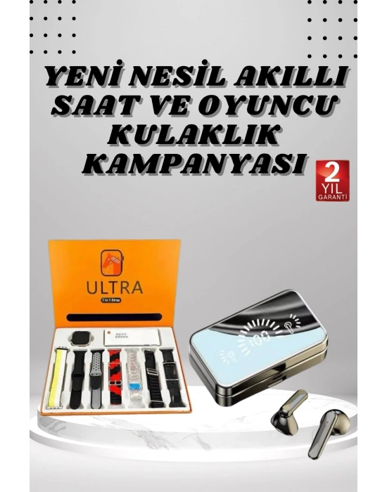 ® Aynalı Bluetooth Kulaklık ve 7 Kordonlu Akıllı Saat Dijital Göstergeli Uzun Pil Ömrü