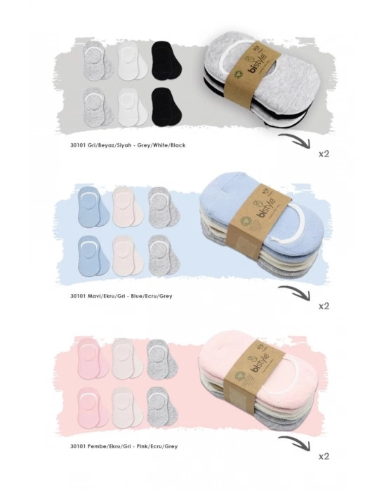 ®   6Lı Silikonlu Babet Penye Çorap 30101 Pembe Ekru Gri