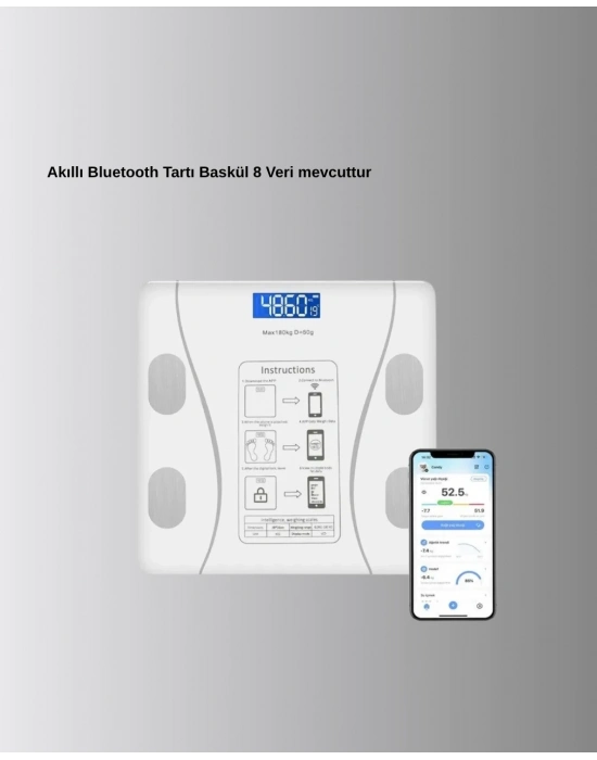 ® Bluetooth Akıllı Tartı – 8 Fonksiyonlu Dijital Baskül, 180 kg Kapasiteli