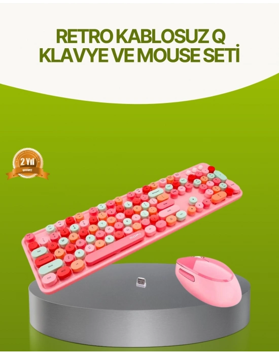 ® Bluetooth Retro Kablosuz Klavye ve Mouse Seti – 3 Cihaz Bağlantılı, Sessiz Tuş, Uzun Pil Ömrü