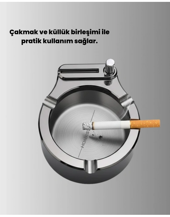 ® Çakmaklı Küllük Paslanmaz Metal Yuvarlak Tasarım