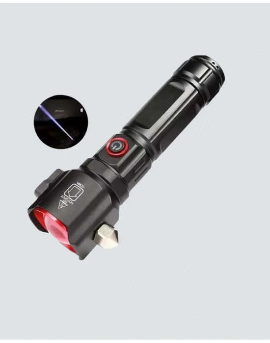 ® Çekiçli Pusulalı Acil Durum Feneri USB Şarjlı Çok Fonksiyonlu
