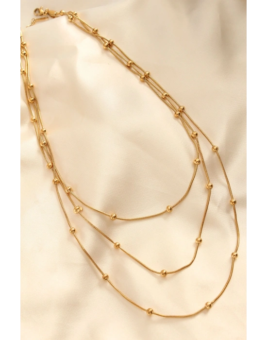 ® Çelik Altın Renkli Topçuk Tasarımlı Çoklu Kolye