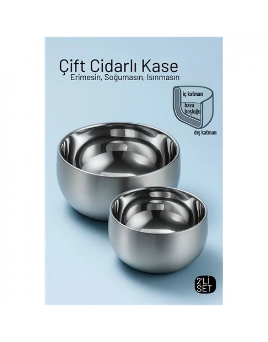 ® Çift Cidarlı Isı Yalıtımlı 2’li Lüks Kase Seti (16cm & 18cm) Premium 304 Paslanmaz Çelik