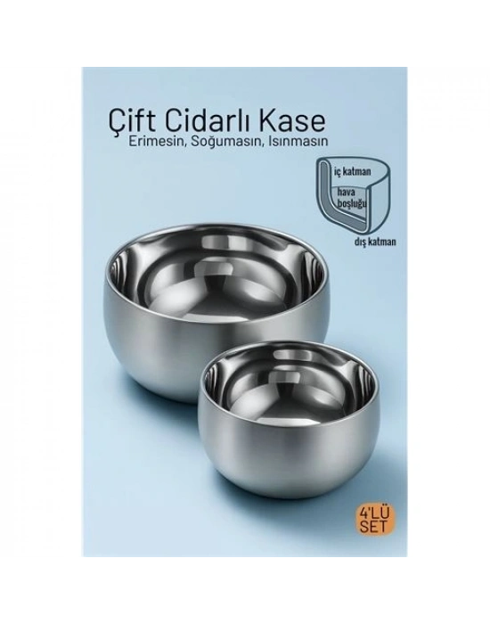 ® Çift Cidarlı Isı Yalıtımlı 4lü Lüks Kase Seti (16cm & 18cm) Premium 304 Paslanmaz Çelik