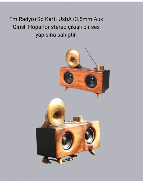 ® Çift Hoparlörlü Retro Bluetooth Speaker 1800mAh Bataryalı AUX USB SD Kartlı