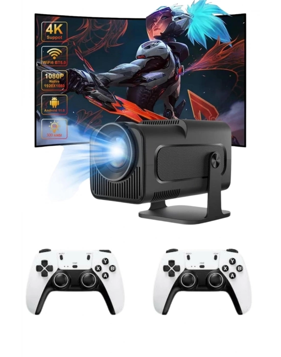 ® Çift Kollu Game Box Projeksiyon Cihazı Kumandalı Android Tv Dahili Hoparlör