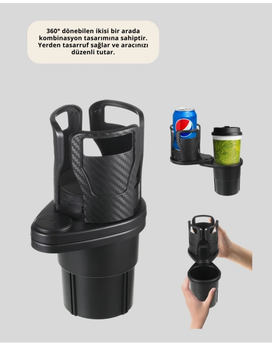 ® Çiftli Araba Bardak Tutucu Karbon Fiber Görünümlü 360° Ayarlı