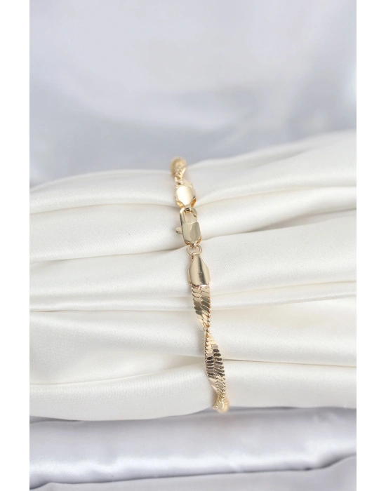 ® CM 14K Gold Renk Zincir Kalın Yassı Ezme Burgu Model Kadın Bileklik