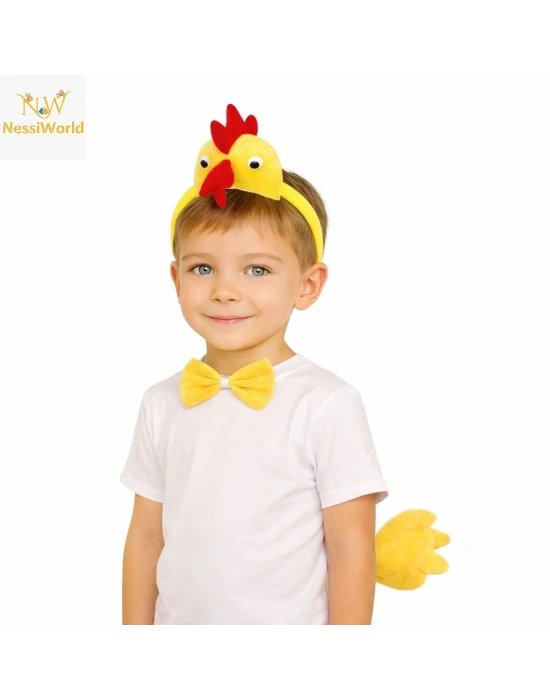 Çocuk Horoz Tavuk Kostüm Seti 3 Parça (Taç + Papyon + Kuyruk)