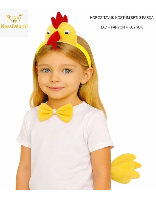 Çocuk Horoz Tavuk Kostüm Seti 3 Parça (Taç + Papyon + Kuyruk)