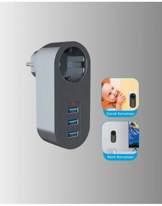 ® Çocuk Korumalı Termal Priz – 3lü USB Şarj ve Akım Koruması