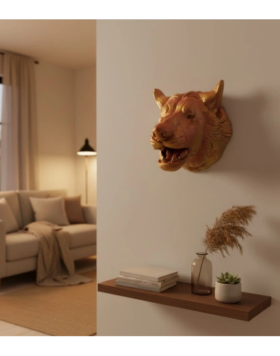 ® Dekoratif Altın Gold Kurt Duvar Heykeli Asılabilir Hediyelik 25x19 cm