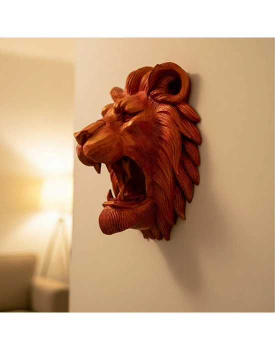 ® Dekoratif Asılabilir Aslan Başı 3D Duvar Heykeli Gold Red 20x21 cm
