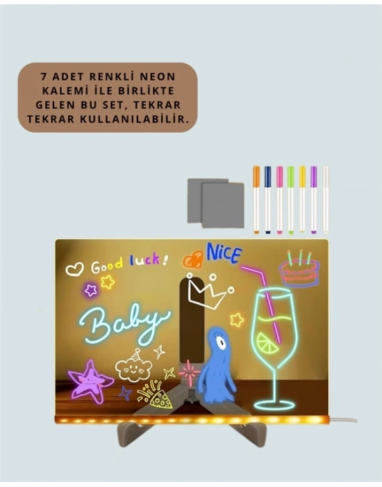® Dekoratif LED Yazı Tahtası – Silinebilir, Neon Kalemli, Planlama ve Hatırlatma İçin İdeal