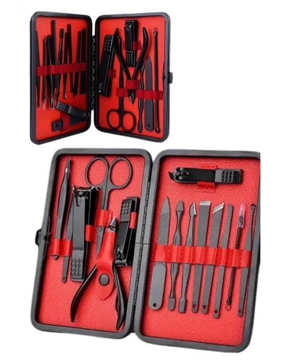 ® Deri Çantalı Siyah Paslanmaz Çelik 17 Parça Manikür Pedikür Seti