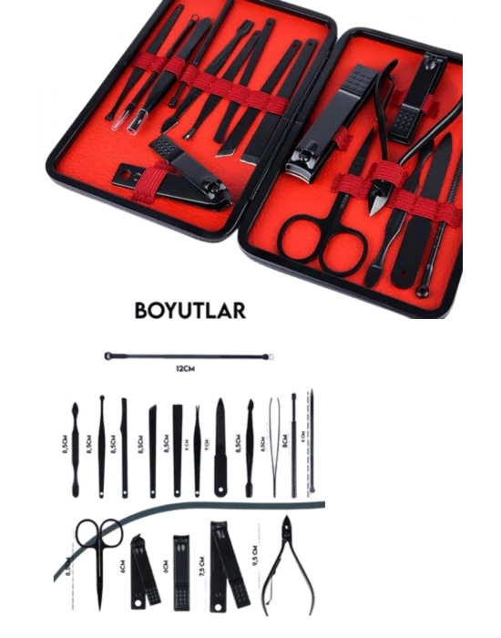 ® Deri Çantalı Siyah Paslanmaz Çelik 17 Parça Manikür Pedikür Seti