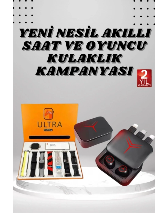 ® Dijital Göstergeli Powerbank Kablosuz Kulaklık ve 7 Kordonlu Yeni Nesil Akıllı Saat Dokunmatik Kontrol
