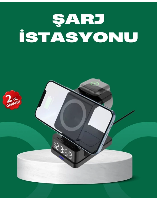 ® Dijital Saatli Kablosuz Şarj İstasyonu – 3’ü 1 Arada Apple Uyumlu Hızlı Şarj ve LED Ekran
