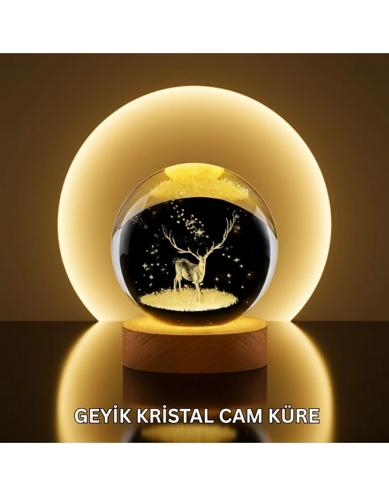 ® Doğal Ahşap Standlı Geyik Figürlü Kristal Küre LED Dekoratif Lamba