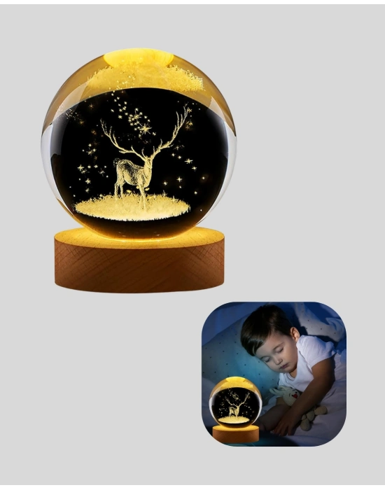 ® Doğal Ahşap Standlı Geyik Figürlü Kristal Küre LED Dekoratif Lamba