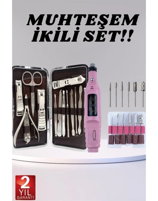 ® Elektrikli Manikür Pedikür Seti İkili Set 12 Parça Tırnak Bakımı Törpü Protez Çıkarma