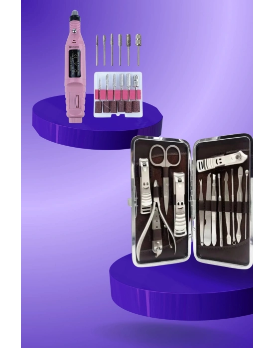 ® Elektrikli Manikür Pedikür Seti İkili Set 12 Parça Tırnak Bakımı Törpü Protez Çıkarma
