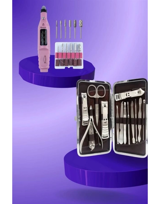 ® Elektrikli Manikür Pedikür Seti İkili Set 12 Parça Tırnak Bakımı Törpü Protez Çıkarma