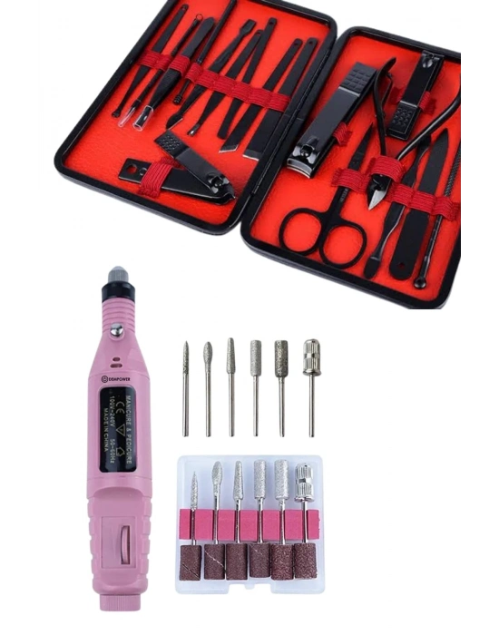 ® Elektrikli Manikür Pedikür Seti İkili Set 17 Parça Tırnak Bakımı Nasır Temizleme Tırnak Şekillendirme